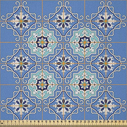ABAKUHAUS marokkanisch Stoff als Meterware, Patchwork-Stil Blau, Microfaser Stoff für Dekoratives Basteln, 1M (230x100cm), Orange Blau Aqua