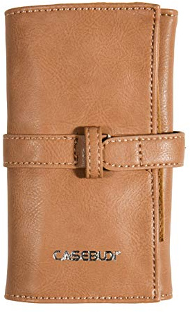 CASEBUDi Vegan Leather Watch Roll Travel Case - 4 Soft Pockets with Padded Storage Protection for Four Wristwatches or Watch Bands Straps, Tan