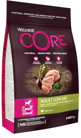 Wellness CORE Small Breed Low Fat, Hundefutter trocken für ausgewachsene Hunde kleiner Rassen, Pute, 5 kg, ohne Zuckerzusatz, getreidefrei, mit hohem Fleischanteil,
