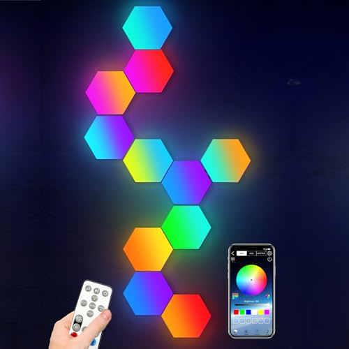 Amailtom Hexagon LED Panel App-Steuerung, Sechseck LED Wandleuchten mit Fernsteuerung, Modulare Leuchten Sync mit Musik Licht Platten DIY Geometrie Quantum Nachtlicht für Zuhause Bar Dekor, 6 Stück
