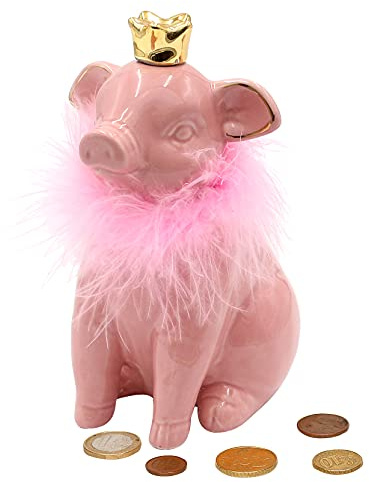 Dekohelden24 Keramik Spardose als Schwein - Sparschwein - Sparbüchse - Sparschweinchen in rosa mit Fell und Goldener Krone, Größe ca. 10 x 12 x 16 cm