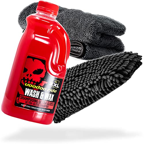 detailmate Auto Wasch- und Trockenset: Voodoo Ride Shampoo Ultra Gloss 2L + Chenille Waschhandschuh + Trockentuch 1000 GSM - Für die ideale Autowäsche