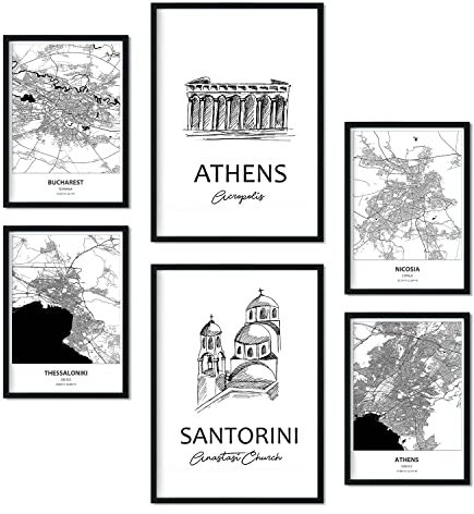 Nacnic Set de 6 láminas de Europa. Pósters con ilustraciones en estilo nórdico de mapas y monumentos para tu hogar, negocio, oficina. Decoración de interiores. Tamaños A4 y A3. Sin marco.