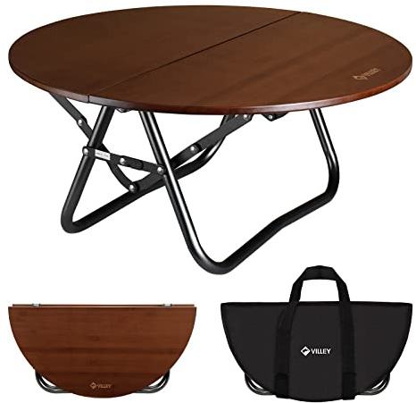VILLEY Bamboo Round Folding Table, Camping Half-fold Portable Table with Carrying Bag for Indoor & Outdoor Picnic Coffee Barbecue Beach Card Game