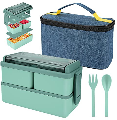yirochan Box da pranzo da 1400 ml con 3 scomparti - scatola bent a 2 strati con borsa isolata e posate, scatola per contenitori per la preparazione dei pasti per adulti per bambini studenti (Verde)