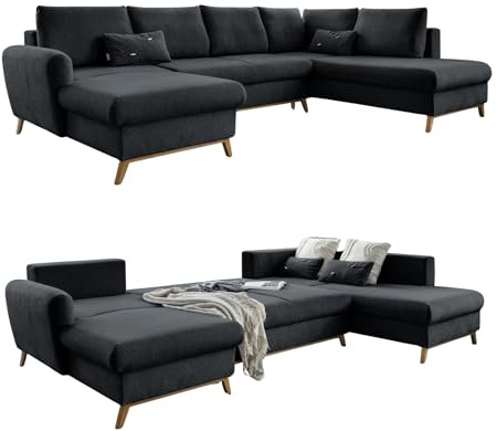 MIUFORM Scandic Lagom mit Bettkasten | 8 Sitzer Sofa | U-Form rechts | 312x202x90cm Couch | Klappsofa mit Schlaffunktion (Dunkelgrau) | Ecksofa mit Schlaffunktion, Schlafsofa mit Bettkasten, Sofa U Form mit Chaiselongue, 312x202x90 cm Couch, Big Sofa Bed