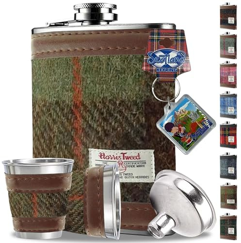 Flasque Harris Tweed enveloppée de 170.1 g avec 2 verres à shot – Acier inoxydable – Flasque pour liqueur pour homme – Joli cadeau pour whisky, rhum, mariage, camping – Coffret cadeau dans une boîte