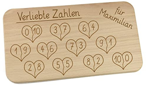 Frühstücksbrettchen aus Holz mit Name graviert zur Einschulung personalisiert Motiv verliebte Zahlen