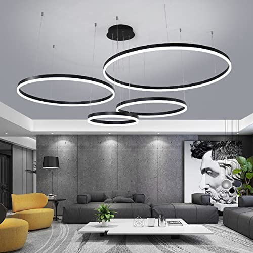 Bellastein Modern Ring Hängelampe Höhenverstellbar Kronleuchter Dimmbar mit Fernbedienung Deckenleuchte Esstisch Pendellampe (Schwarz, 4-Ringe：D40+60+80+100cm)