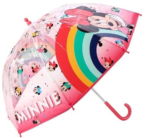Disney Minnie Mouse Kids Clear Dome Umbrella – Children's Character Umbrella with Transparent See Through Canopy, Lightweight & Windproof School Rain Umbrellas for Boys & Girls | with Safety Opening