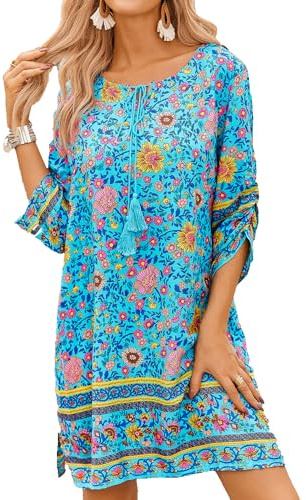 Zeagoo Women Summer Dresses Bohemian Floral Beach Dress Tunic Dress | Ladies Beach Dress,3/4 Sleeve Dresses,V-Neck Dress for Women UK