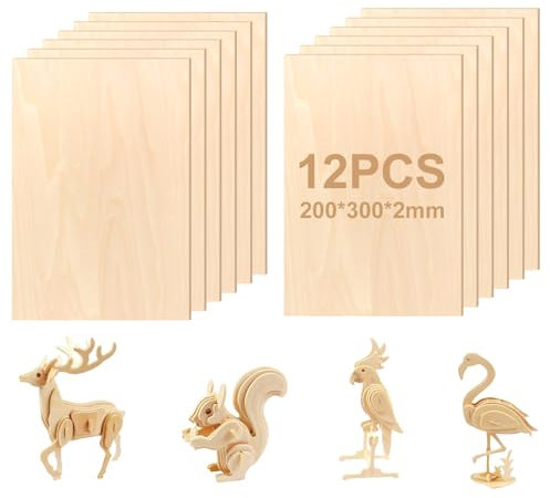 NVIYAM 12 Pezzi Fogli di Legno di Balsa, 300 × 200 × 2mm Foglio di Compensato, Tavole Modello in Legno, Tavola di Tiglio Pannelli per Artigianato Fai Da Te Artigianato Pittura Decorazioni