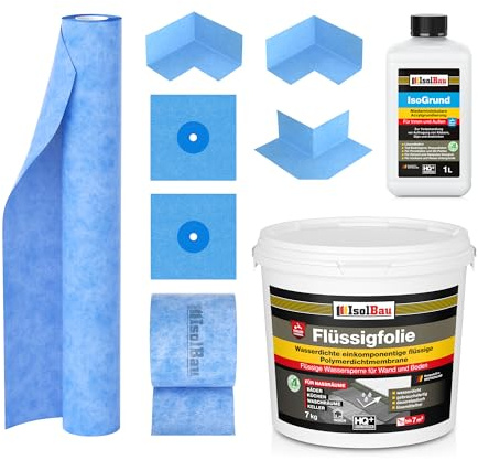 Isolbau Dichtset - Inkl. 1x Flüssigfolie (7 kg), 1x IsoGrund (1 L), 1x Dichtband (5 m), 1x Dichtbahn (2 m), 2x Innenecken, 1x Außenecken & 2x Manschetten - MPA