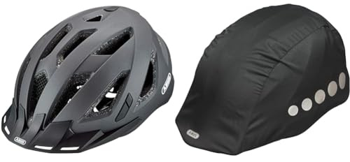 ABUS Stadthelm Urban-I 3.0 - Fahrradhelm mit Rücklicht, Schirm und Magnetverschluss & Regenkappe für Helme - Regenschutz mit dekorativen Reflektoren und Gummizug - wasserabweisend – Schwarz