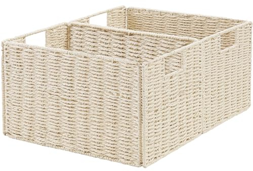 Vagusicc Wicker Storage Basket, Set of 2 Hand-Woven Paper Rope Wicker Basket, Small Storage Baskets for Organizing Toilet Paper Baskets, Foldable Large Cube Storage Organizer Bin for Shelves (Beige)