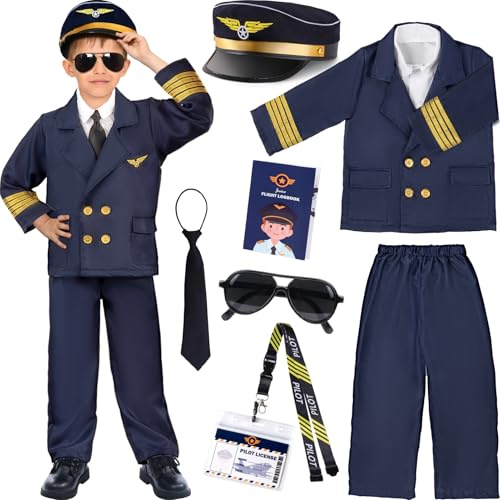 G.C Costume Pilota Bambini con Cappello da Pilota Cravatta Occhiali da Sole Capitano d'aereo Uniforme Vestito da Aviatore Halloween Carnevale Costume per Bambino Cosplay (M, 7-8 Anni)