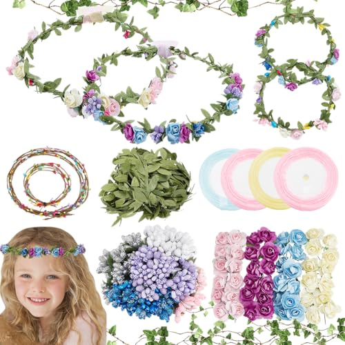 INFUNLY 12 Set DIY Blumenkronen Set Zum Selbermachen Blumenkronen Selbst Basteln Handgefertigte Blumengirlanden Für Partys Blumenkranz Haarschmuck Dekorationen Für Hochzeiten Geburtstage Gastgeschenk