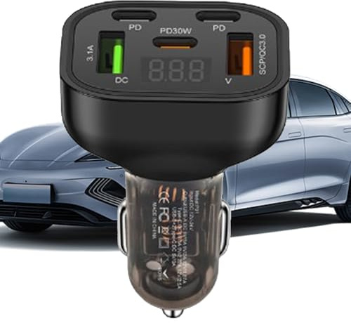 Adaptador de cargador de coche,Adaptador de cargador de coche USB - Adaptador de coche rápido Cargador de coche USB-A+USB-C | Cargador múltiple con fuente de alimentación de voltaje