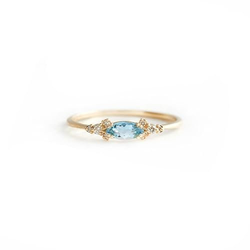 Whoiy Gelbgold Ringe Damen 585, Hochzeit Ringe 14k Echt Gold Aquamarin Verlobungsring Zierlich Bandring mit Moissanit für Frauen Größe 51 (16.2)