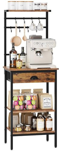 YMYNY Küchenregal, Bäckerregal, Kaffee Organizer, Kaffeebar, 5 Regalebenen, 8 Haken, Stoffschubladen, Stahlrahmen, 43 x 33 x 134.5 cm, für Küche, Wohnzimmer, Vintage HBR009H