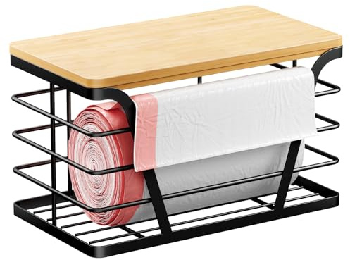 TIDIIABODE Small Grocery Bag Holder, Trash bag holder with Removable Bamboo Top, Wall Mount, No Drill, Stainless Steel, Black
