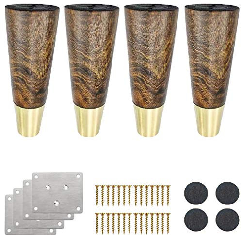 Set of 4 Antique Brass Wooden Furniture Legs for Sofa Bed Coffee Table Replacement Cone Feet for Cabinets and Kitchen Furniture