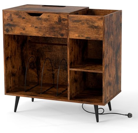 CASART Record Player Stand, Large Turntable Stand with Power Outlets, Dividers & Metal Legs, Vinyl Record Storage Cabinet End Table for Living Room Bedroom