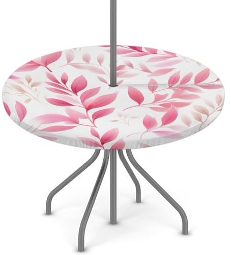 Woltant Nappe ronde avec trou de parasol et fermeture éclair facile à nettoyer avec bords élastiques - Protection de table d'extérieur pour jardin, terrasse, barbecue - Motif feuilles roses