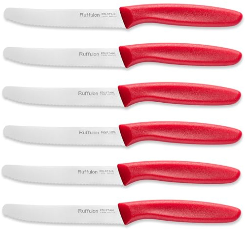 Ruffulon Tomato Knife Set of 6,Serrated Kitchen Knives,Sharp Blade Classic Utility Knife,Stainless Steel Wavy Edge Tomato Knives&Table Knives,Muticolor Plastic Handle Dinner Knifes,Dishwasher Safe.