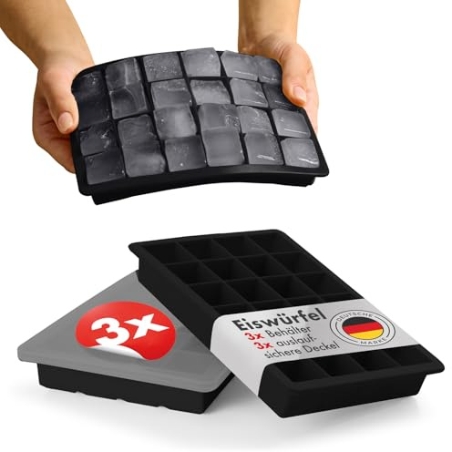 Blumtal Eiswürfelformen Silikon 3er Set - 24er Eiswürfelform mit Deckel - BPA-freie Silikon Eiswürfelformen - Ice Cube Tray lebensmittelecht - Ice Tray - Schwarz