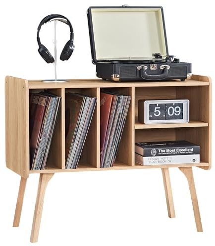LELELINKY Supporto per giradischi naturale con 4 armadietti, può contenere fino a 220 album, grande supporto girevole con gambe in legno, tavolo per giradischi metà secolo, supporto in vinile per