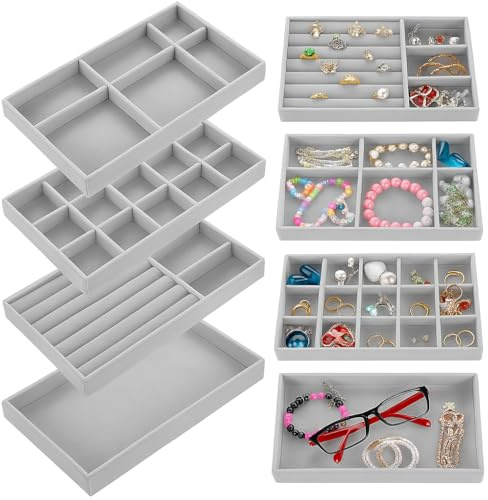 4 Pcs Organizador Joyas Cajones, Bandeja Joyas,Jewelry Organizer,Organizador de Joyería, Bandejas Apilables de Terciopelo para Cajones,Tocadores,Armarios,Pendientes, Anillos, Pulseras, Collares - gris