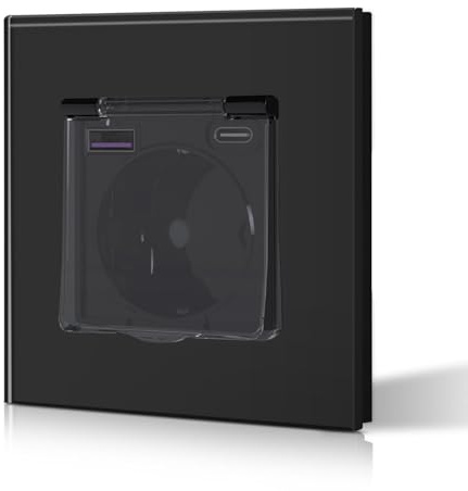 BSEED Enchufe empotrado con USB de 20 W y puerto tipo C, enchufe de pared de cristal con cubierta resistente al agua, ideal para uso en exteriores e interiores, 86 mm, 1 compartimento, color negro