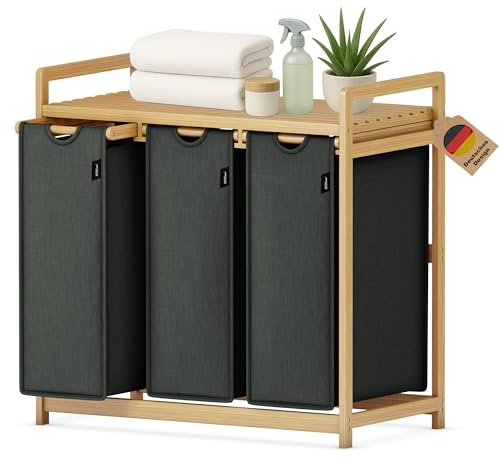 XMHome panier à linge 3 compartiments 148L grand collecteur de linge carré en bambou boîte à linge visuellement attrayant trieur de linge en 77,5X41,3X77,5 CM gris foncé
