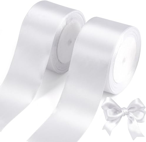 2 Rollen Satinband Weiss, 50mm x 22 m Geschenkband Breit, Schleifenband weiß, Schleifenband Hochzeit, Weiss Stoffband Deko Band für Geschenkverpackung, Taufe, Geburtstag, Hochzeit, Weihnachten