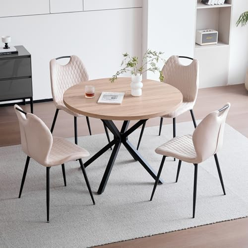 GrandCA HOME Esszimmer-Set, Inklusive Tische und Stühle,100 cm Moderner Runder Esstisch mit 4 leinenbezogenen Esszimmerstühlen, Geeignet für Esszimmer und Küchen (Naturfarbe+Beige)