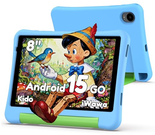 ALLDOCUBE Kido Tablet per bambini 8 pollici Android 15 Go, 32GB ROM + TF fino a 512GB, controllo parentale, iWawa, WiFi 5G, Unisoc T310, 5000mAh, 2 altoparlanti, jack 3,5mm, tablet con custodia – Blu