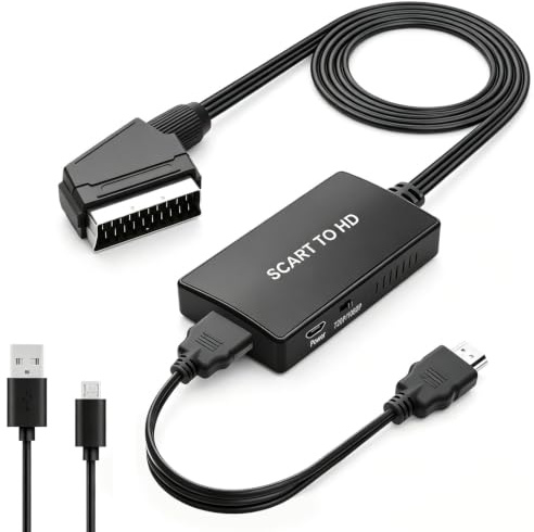 Adaptateur Péritel vers HDMI 720P/1080P Convertisseur SCART HDMI Full HD avec Câble HDMI et Cordon USB, Switch Audio pour HDTV Moniteur TV Projecteur STB VHS Xbox PS3 Sky Blu-Ray Lecteur DVD Noir