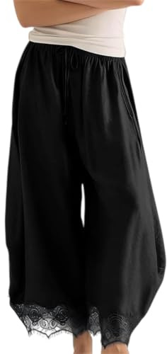 Womens Cropped Lace Hem Pants Casual Drawstring High Waist Summer Wide Leg Pant Lightweight Beach Flowy Trousers with Pockets