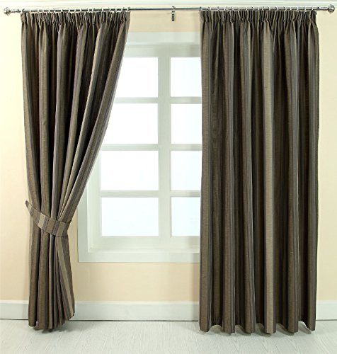 HOMESCAPES Grey and Silver Pencil Pleat Curtain Pair, Traditional Striped Design - Width 167 x Drop 228 cm (66 x 90 Inch)