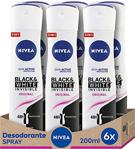 NIVEA Black & White Invisible Original Spray Lot de 6 (6 x 200 ml) Déodorant anti-taches Soin féminin pour protéger la peau et les vêtements