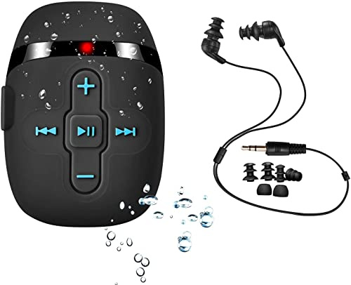 Sewobye Waterproof MP3 player for swimming and running, 8 GB HIFI Sound, Underwater Headphones with Short Cord (3 Types Earbuds), Shuffle Feature