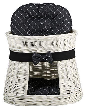 e-wicker24 Alles aus Weide Ovale cremefarbene Katzenhütte, Katzenkorb aus Weide, Korb für die Katze mit Zwei Etagen, Katzenlager mit Kissen, Katzenturm (Schwarz 2)