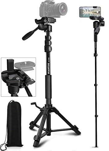 Camera Tripod 69 Inch, Patented 3-Way Swivel Portable Phone Tripod Professional Aluminum Alloy Travel Phone Camera Stand Monopod for Canon Nikon GoPro DSLR, DV Video Camcorder, Smartphone Black