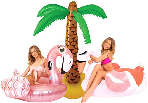Sdraio gonfiabile gigante da piscina con fenicottero + grande palma tropicale gonfiabile