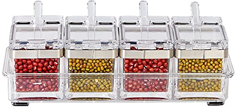 LOYUYU Caja de Condimentos 304 Bordes de Acero, Organizador Especias, Contenedor de Almacenamiento, Conjunto de Crisol AcríLico Transparente de 4 Piezas