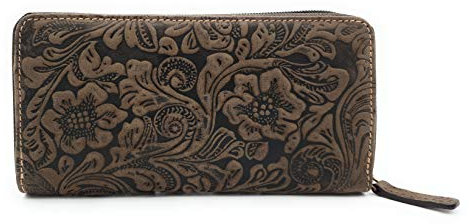Jockey Club wunderschöne Damen echt Leder Reißverschluss Geldbörse lang, mit RFID Schutz, Liane, Florale Motive, Ranken und Blüten in toller Hoch Tief Prägung braun