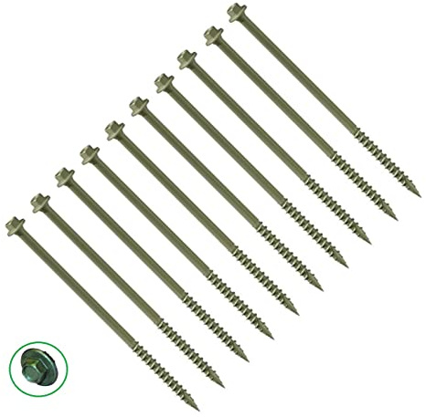 TERF® Lot de 10 vis à tête hexagonale robuste - 7 x 200 mm - Finition verte - Anti-corrosion - 7 x 200 mm - Pour cadre en bois extérieur - Vis paysagères