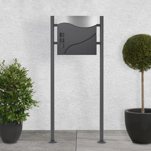 ECD Germany Boîte aux Lettres sur Pied, Anthracite/Argent, 37x10,5x36,5 cm, en Acier Inoxydable, Moderne, Mailbox avec Compartiment à Journaux, 2 Clés, Support Haut 120 cm, Materiel de Montage Inclus