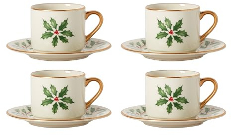Lenox Holiday 894178 Holiday - Set di 4 tazzine da caffè e piattino, stoviglie natalizie